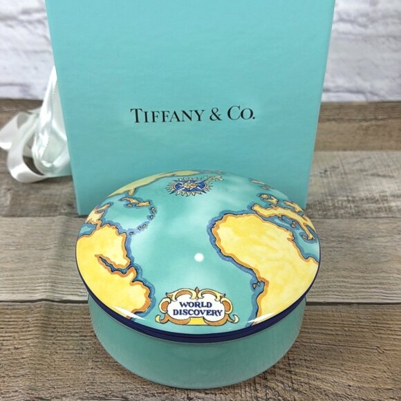 VTG Tiffany & Co France World Discovery Map Ceramic Trinket Box Dish Lid GIFT - Picture 3 of 16